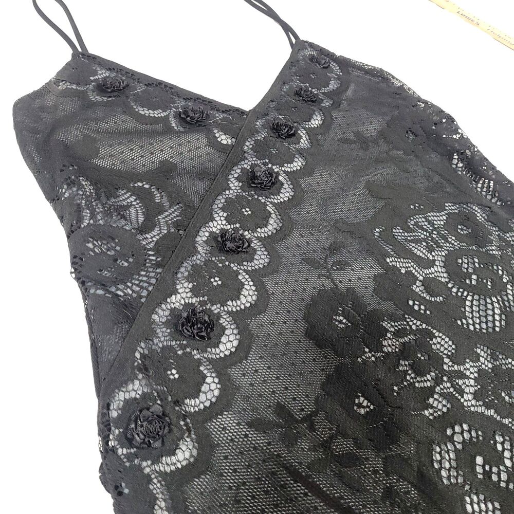 Y2K Whimsigoth Maxi Slip Dress Laundry Black Lace over gray satin 3D Ribbon rose - Picture 12 of 16